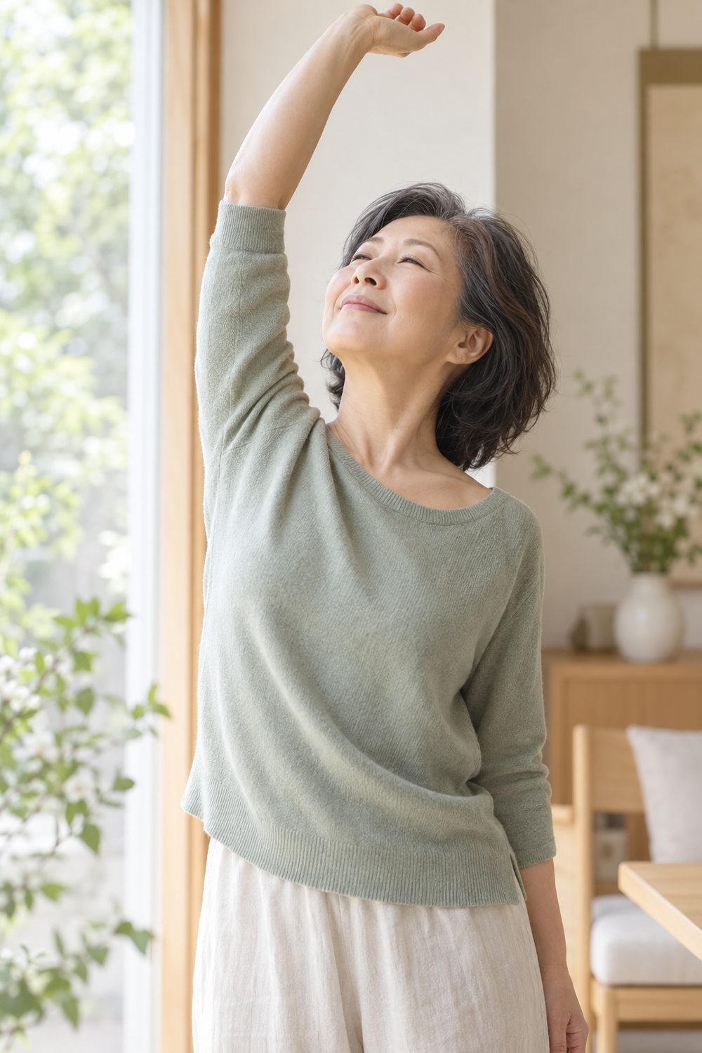 やさしく腕を伸ばす女性